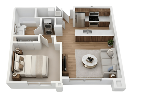 Floor plan for 1 bed, 1 bath, 653 sqft